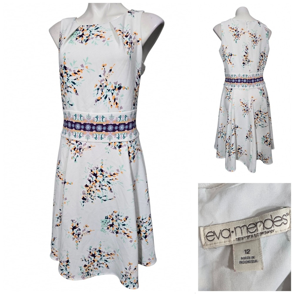 Eva Mendes New York & Company Floral Fit Flare Dress White Purple Sz 12